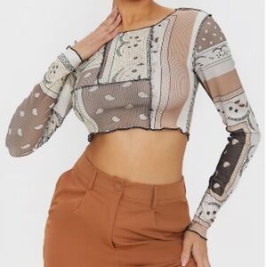 PrettyLittleThing Multi Bandana Print Patchwork Long Sleeve Crop Top